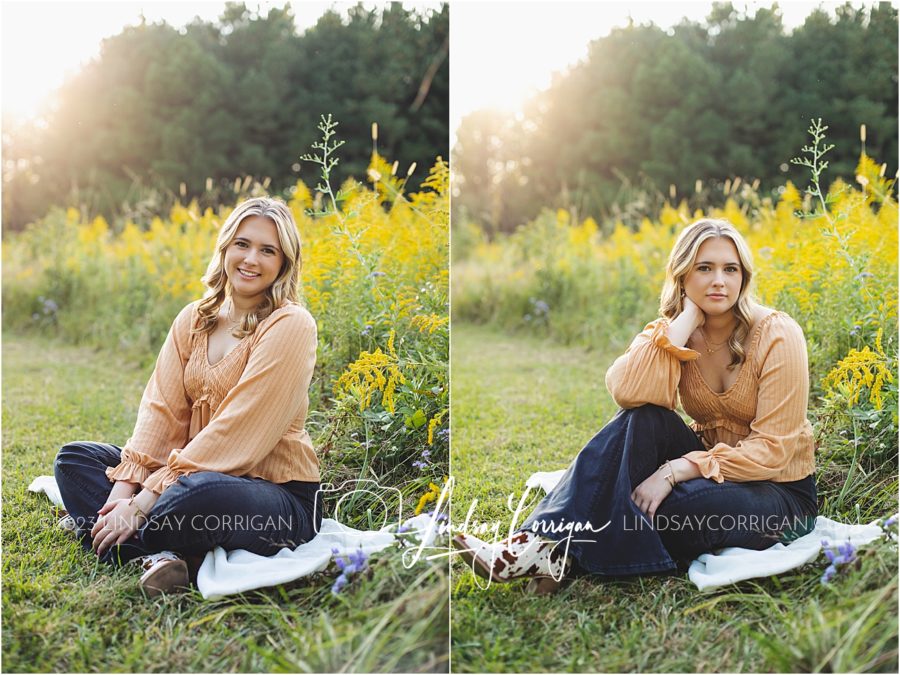 Senior portraits in a flower field in the fall.